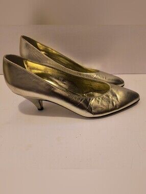 VTG Pancaldi Neiman Marcus Gold Metallic Leather Kitten Heel Pumps Italy 8.5AA
